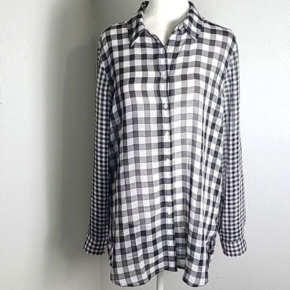 Calvin Klein High-Low Sheer Buttondown Blouse, Black & White Check, Size Medium - Picture 2 of 9